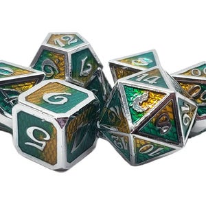 Dragon Scale - Green & Yellow - Old School 7 Piece DnD RPG Metal Dice Set