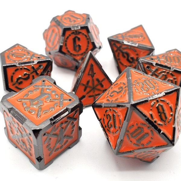 Knights of the Round Table - Orange Sapphire w/ Black - Old School 7 Piece DnD RPG Metal Dice Set