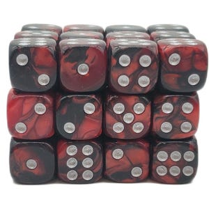 May include: A collection of sixteen red and black marbled dice with white pips. The dice are arranged in a grid, showcasing the different number combinations on each die. The dice are a standard size.