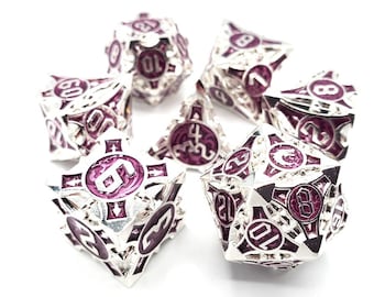 Gnome Forged - Silver w/ Purple Old School 7 Piece DnD RPG Metal Dice Set