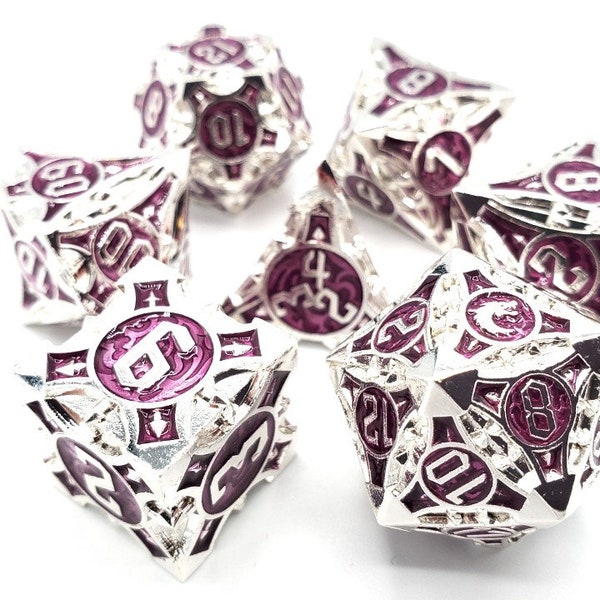 Gnome Forged - Silver w/ Purple Old School 7 Piece DnD RPG Metal Dice Set