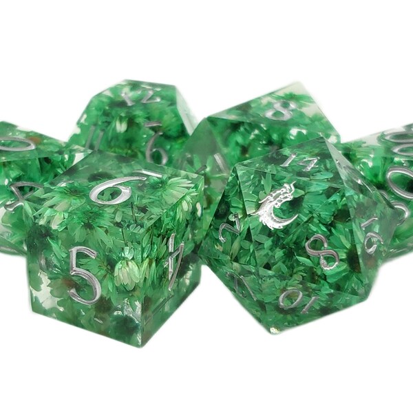 Sharp Edged - Green Flower - Old School 7 Piece DnD RPG Dice Set