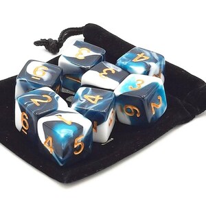 May include: A set of ten blue and white dice with gold numbers in a black velvet bag. The dice have a marbled pattern.