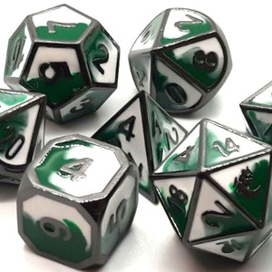 Dragon Forged - Green & White w/ Black Nickel Old School 7 Piece Dnd Rpg Metal Dice Set