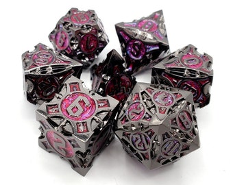 Gnome Forged - Black Nickel w/ Red Rose Old School 7 Piece DnD RPG Metal Dice Set