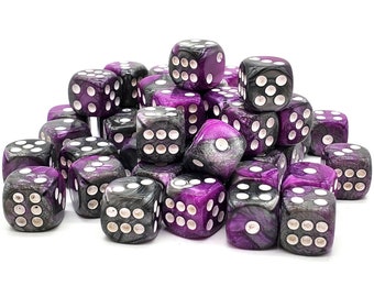 Bag O' D6's 12mm 60ct: Vorpal - Silver & Purple Mini Size