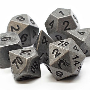 Dwarven Forged - Archaic Silver Old School 7 Piece RPG DnD Metal Dice Set