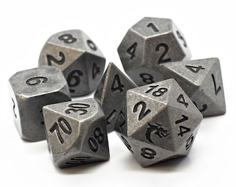 Dwarven Forged - Archaic Silver Old School 7 Piece RPG DnD Metal Dice Set