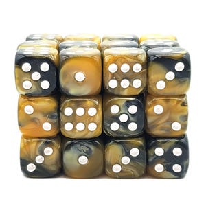 May include: A set of 20 black and gold dice with white pips. The dice are made of a marbled plastic.