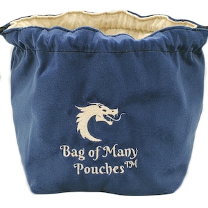 May include: A blue velvet dice bag with a white dragon design and the text "Bag of Many Pouches TM".