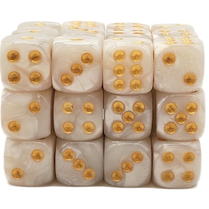 May include: A collection of sixteen ivory-colored dice with gold-colored pips. The dice are arranged in a four-by-four grid, showcasing their pearlescent finish and the contrasting gold dots. Ideal for board games or tabletop gaming.