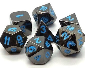Halfling Forged - Black Nickel W/ Blue Old School 7 Piece Dnd Rpg Metal Dice Set