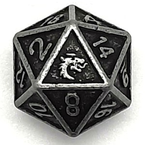 May include: A silver metal twenty-sided die with black numbers and a dragon design. The die is numbered 2, 4, 6, 8, 10, 12, 14, 16, 18, 20.