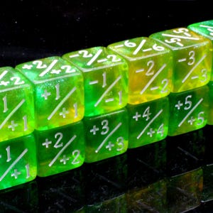 May include: A set of six translucent lime green and yellow six-sided dice arranged in a row. Each die face features white engraved numbers separated by a diagonal slash, displaying sequential positive and negative integers ranging from -6 to +6.