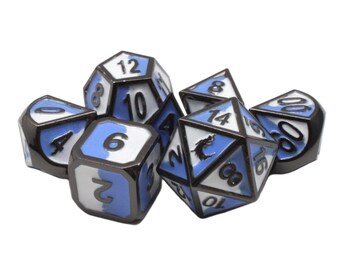 Dragon Forged - Blue & White w/ Black Nickel Old School 7 Piece Dnd Rpg Metal Dice Set