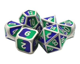 Dragon Forged - Platinum Blue & Green Old School 7 Piece Dnd Rpg Metal Dice Set