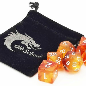 May include: A set of seven orange and yellow dice with white numbers, in a black velvet bag with a silver dragon logo that says "Old School".