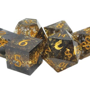 Sharp Edged - Gold Vein - Black w/ Gold Leaf Flakes - Old School 7 Piece DnD RPG Dice Set