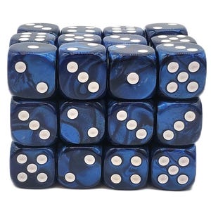May include: A collection of sixteen blue dice with white pips arranged in a cube formation. The dice have a marbled appearance, with swirls of lighter blue within the darker blue. Each die displays a different number of white dots.