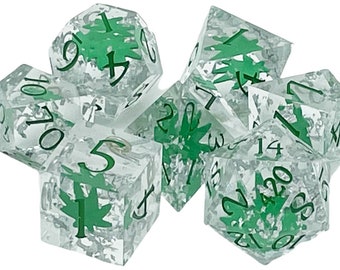 Sharp Edged - 'It's 4:20 Time' - Green w/ Silver Leaf - Old School 7 Piece DnD RPG Dice Set