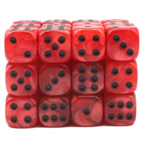 May include: A collection of twelve translucent red dice arranged in a three-by-four grid. Each die features rounded corners and black pips representing numbers one through six, with a marbled texture visible throughout the red material.