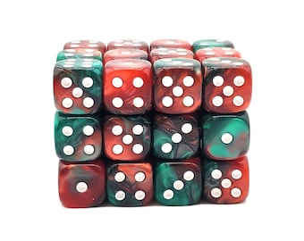 May include: A set of 20 red, green, and black swirl dice with white pips. The dice are arranged in a cube shape.