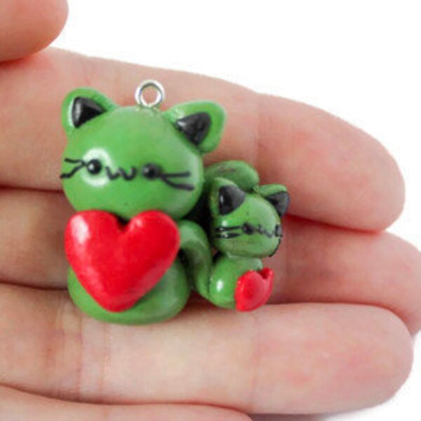 Cat and kitten charm.Mother's Day gift.Kitty keychain with hearts