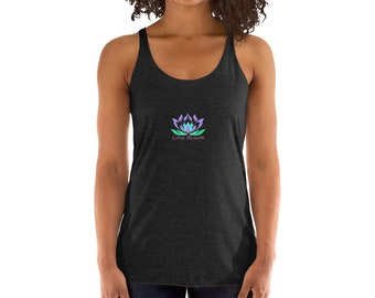 May include: A dark heather grey tank top with a purple, green, and blue lotus flower graphic and the text "Lotus Blossom".