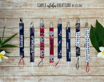 Football Designs / NFL Fabric / Customized Soother Clip / Football Fabric Pacifier Holder / Personalized Name Clip / New Daddy Baby Gift