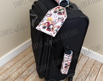 Anime Designs / Demon Slayer Fabric / Japanese Anime / Custom Luggage Handle Wraps with Matching Luggage Tag / 3 Piece Set (2 Wraps & 1 Tag)