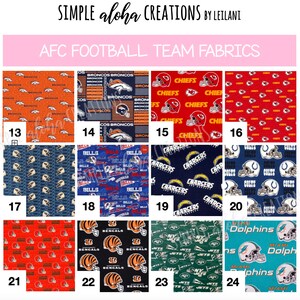 Pu&ograve; includere: Un collage di 12 diversi quadrati di tessuto con i loghi delle squadre di football americano della AFC. I quadrati sono disposti in quattro file di tre. Le squadre rappresentate sono i Broncos, i Chiefs, i Bills, i Chargers, i Colts, i Dolphins, i Bengals e i Jets. Ogni quadrato ha uno schema di colori e un motivo diversi.