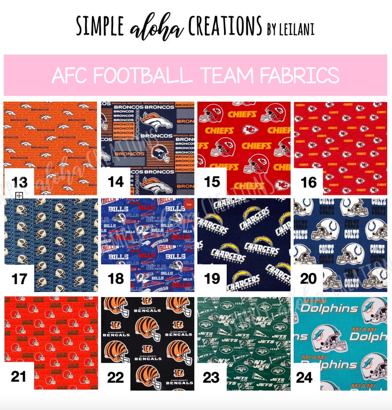 Pu&ograve; includere: Un collage di 12 diversi quadrati di tessuto con i loghi delle squadre di football americano della AFC. I quadrati sono disposti in quattro file di tre. Le squadre rappresentate sono i Broncos, i Chiefs, i Bills, i Chargers, i Colts, i Dolphins, i Bengals e i Jets. Ogni quadrato ha uno schema di colori e un motivo diversi.