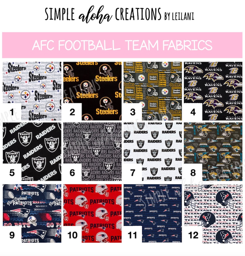 Pu&ograve; includere: Un collage di 12 diversi disegni di tessuto con i loghi di varie squadre della American Football Conference. Le squadre rappresentate sono i Pittsburgh Steelers, i Las Vegas Raiders, i New England Patriots, i Baltimore Ravens, i Jacksonville Jaguars e gli Houston Texans.
