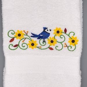 Blue jay With Black-Eyed Susans Embroidered Towel