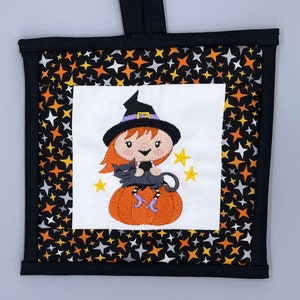 May include: A black fabric hanging ornament with a white background featuring an embroidered image of a witch with a black cat sitting on a pumpkin. The background is a black fabric with a pattern of orange, yellow, and silver stars.