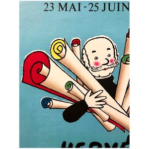 Puede incluir: Un cartel vintage que anuncia una exposici&oacute;n de arte. El cartel presenta a un hombre de dibujos animados sosteniendo una pila de rollos coloridos. El texto en el cartel dice "23 MAI - 25 JUIN".