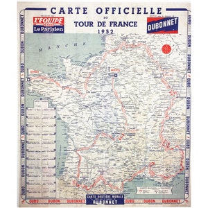 Original Vintage Official Tour de France Map Cycling 1952 Sport Poster
