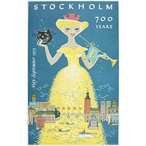 Oryginalny plakat z 1953 roku „Sztokholm 700 Years” autorstwa Curta Blixta, szwedzki plakat podróżniczy vintage