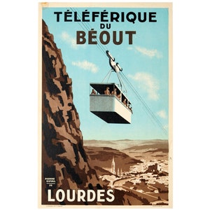 Original Vintage 1930s French Travel Poster - Téléphérique du Béout, Lourdes Francia - por Pierre Duval - Teleférico - Linen Backed - 30s