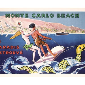 1935 Original Monte Carlo Beach Travel Poster – SEM “Le Paradis Retrouvé” (Draeger, Paris) Linen Backed