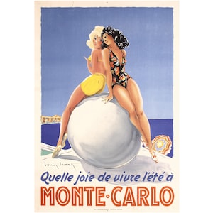 ルイ・イカールによるオリジナルヴィンテージ 40 年代モンテカルロ ビーチ サーフ トラベル ポスター - 1948 年