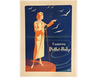 1920s Pathe Baby Swiss Camera Product Advertising Poster - Impreso en 1922 - Con respaldo de lino