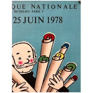 Puede incluir: Un p&oacute;ster vintage que anuncia un evento "Que Nationale" en Par&iacute;s el 25 de junio de 1978. El p&oacute;ster presenta un personaje de dibujos animados que sostiene varios rollos de papel con acentos coloridos.