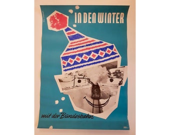 Original 1950s Vintage German Railway Poster - Heinz Grave-Schmandt - In den Winter mit der Bundesbahn - Travel Poster - Ski Poster - Winter