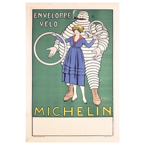 Zeldzame originele vintage Fabien Fabiano (1883-1962), reclameposter 'Michelin Enveloppe Velo', Frans, 1916
