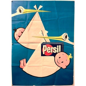 Oryginalny plakat Persil z lat 60. z bocianem i dzieckiem - francuski plakat produktowy (potrzebne zdjęcia górskie na plakatach)