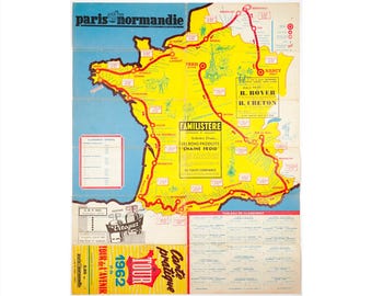 Original 1962 Tour de France & Tour de l’Avenir Route Map, Paris-Normandie Cycling Guide