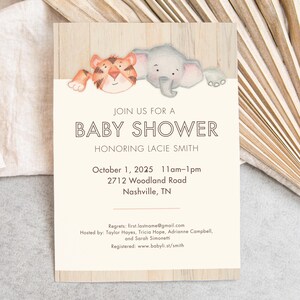 May include: A baby shower invitation featuring a watercolour illustration of a tiger and an elephant. The invitation text reads "Join us for a Baby Shower Honoring Lacie Smith" with event details, including the date, time, and location.