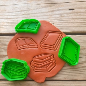 Book shape stamps and cutters, Books cookie cutter, Open book cookie cutter and stamp embosser, Stack of books fondant cutter, Clay cutter
