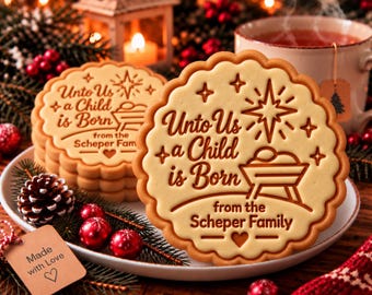 Unto Us A Child Is Born Cookie Stamp, Personalized Christian Christmas Cutter, Family Name
